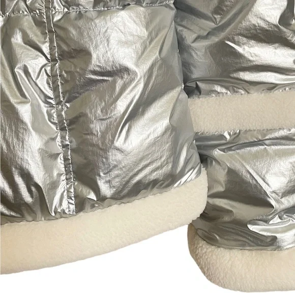Sam Edelman METALLIC FLEECE TRIM HOODED PUFF COAT IN SILVER NWT - Picture 8 of 14